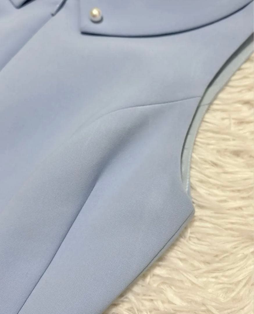 ルネ ノースリーブワンピース ドレス パール 襟つき ストレッチ　水色 32