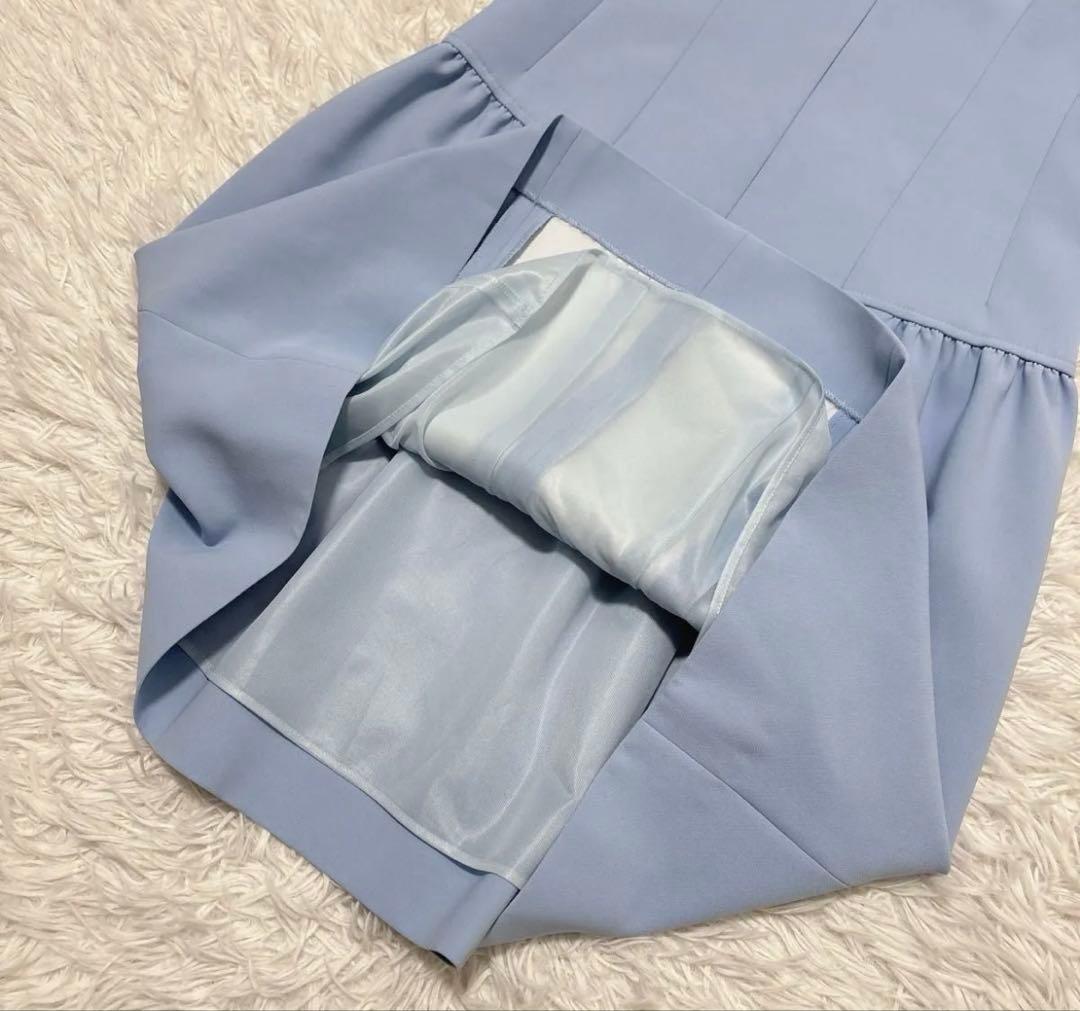 ルネ ノースリーブワンピース ドレス パール 襟つき ストレッチ　水色 32