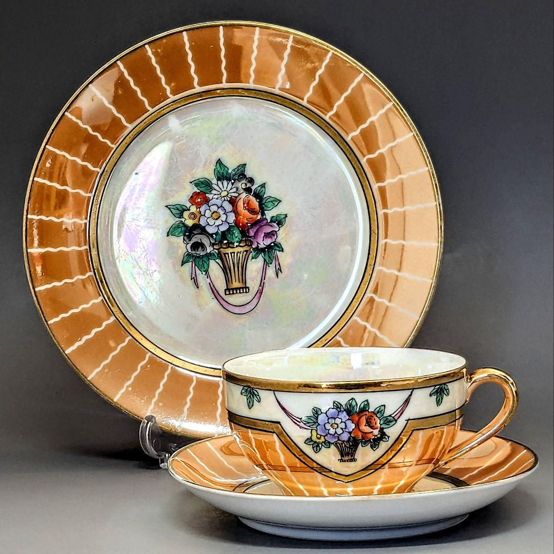 オールドノリタケ アールデコ期大銘品！金彩虹ラスター花籠絵図キャビネット トリオ