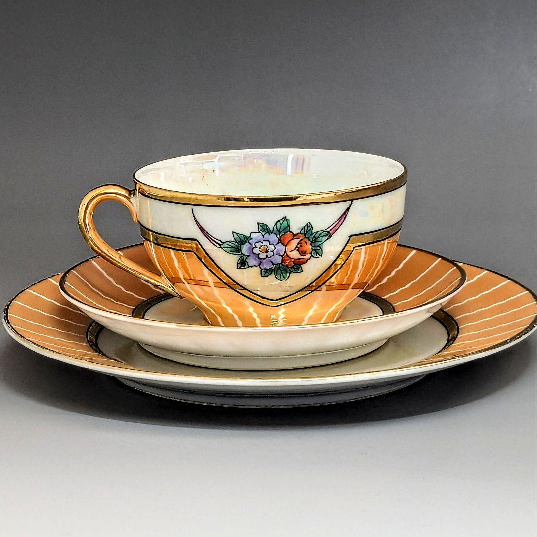 オールドノリタケ アールデコ期大銘品！金彩虹ラスター花籠絵図キャビネット トリオ