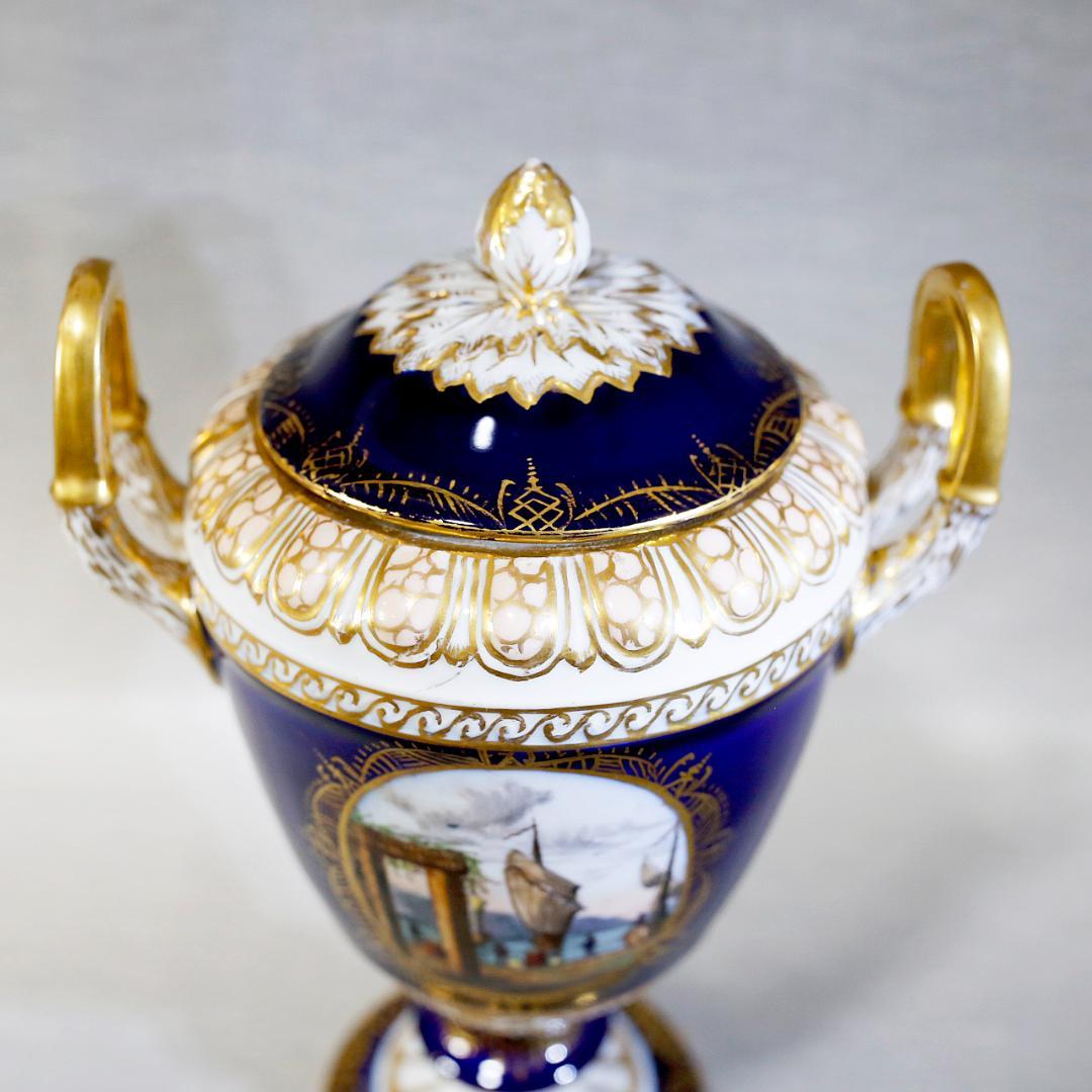 【送料込み】ドレスデン 帆船 壺 蓋付き 飾り壺 コバルト 金彩 ①