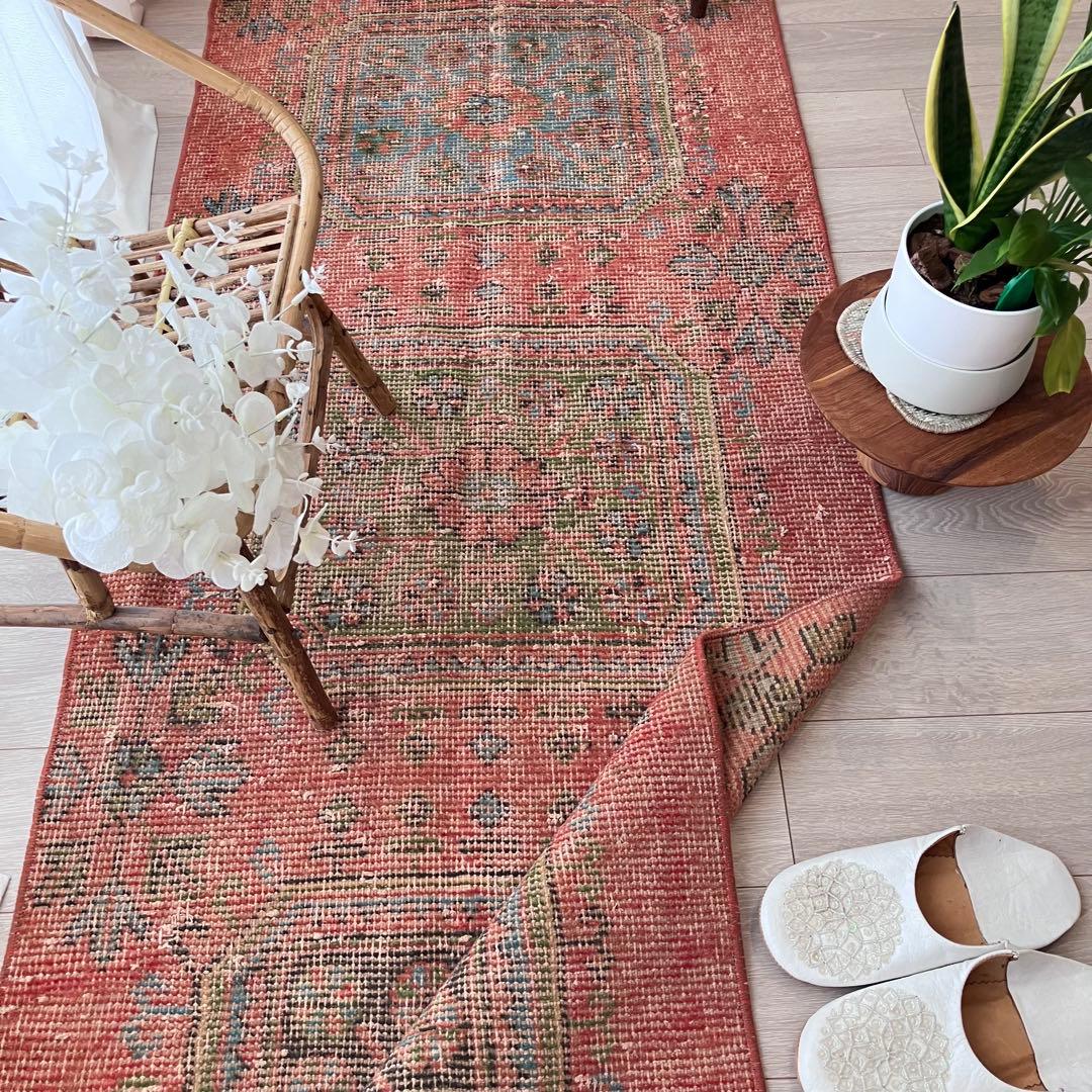 シャビーオレンジ78×190/ 3Box ブルーグリーン　トルコヴィンテージラグ