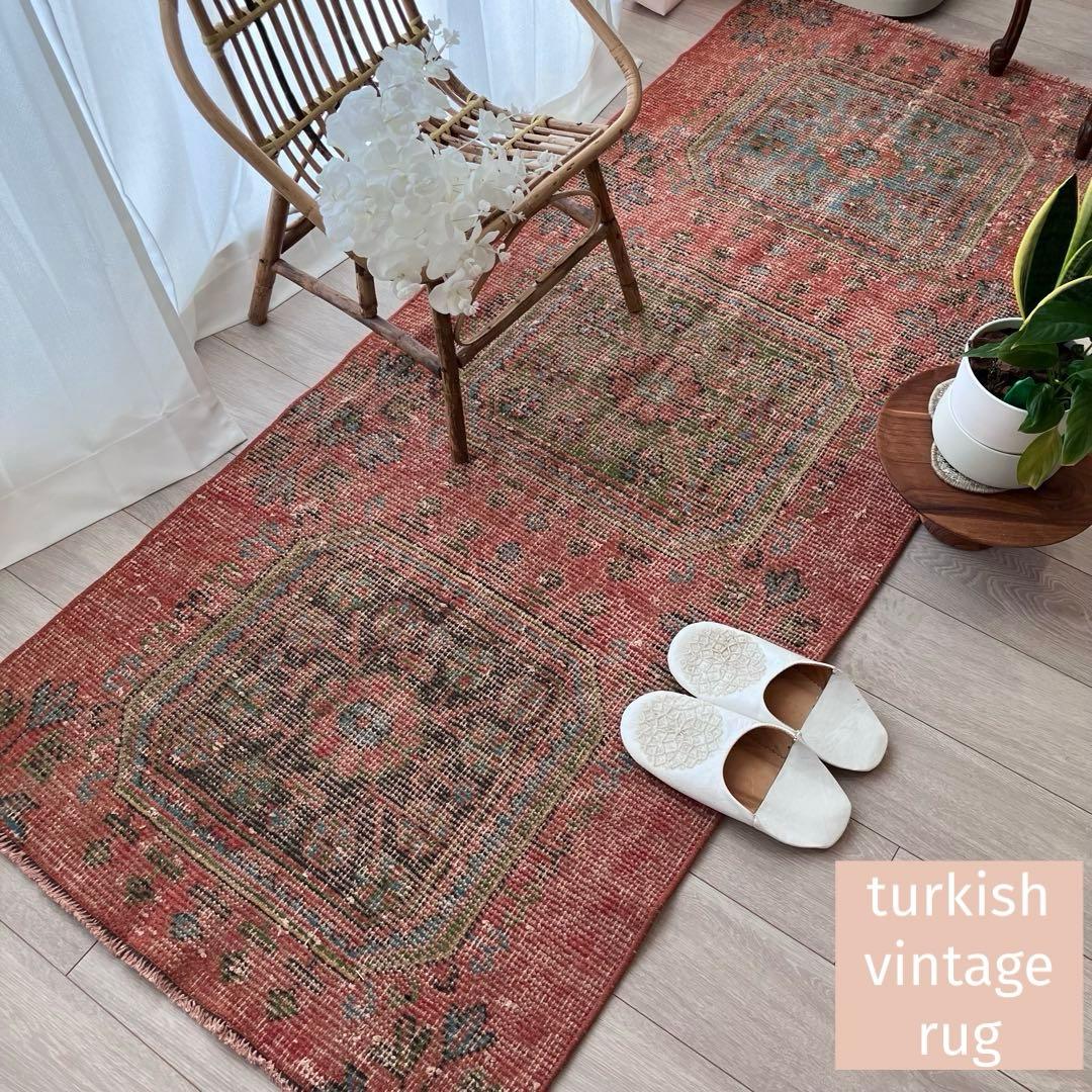 シャビーオレンジ78×190/ 3Box ブルーグリーン　トルコヴィンテージラグ