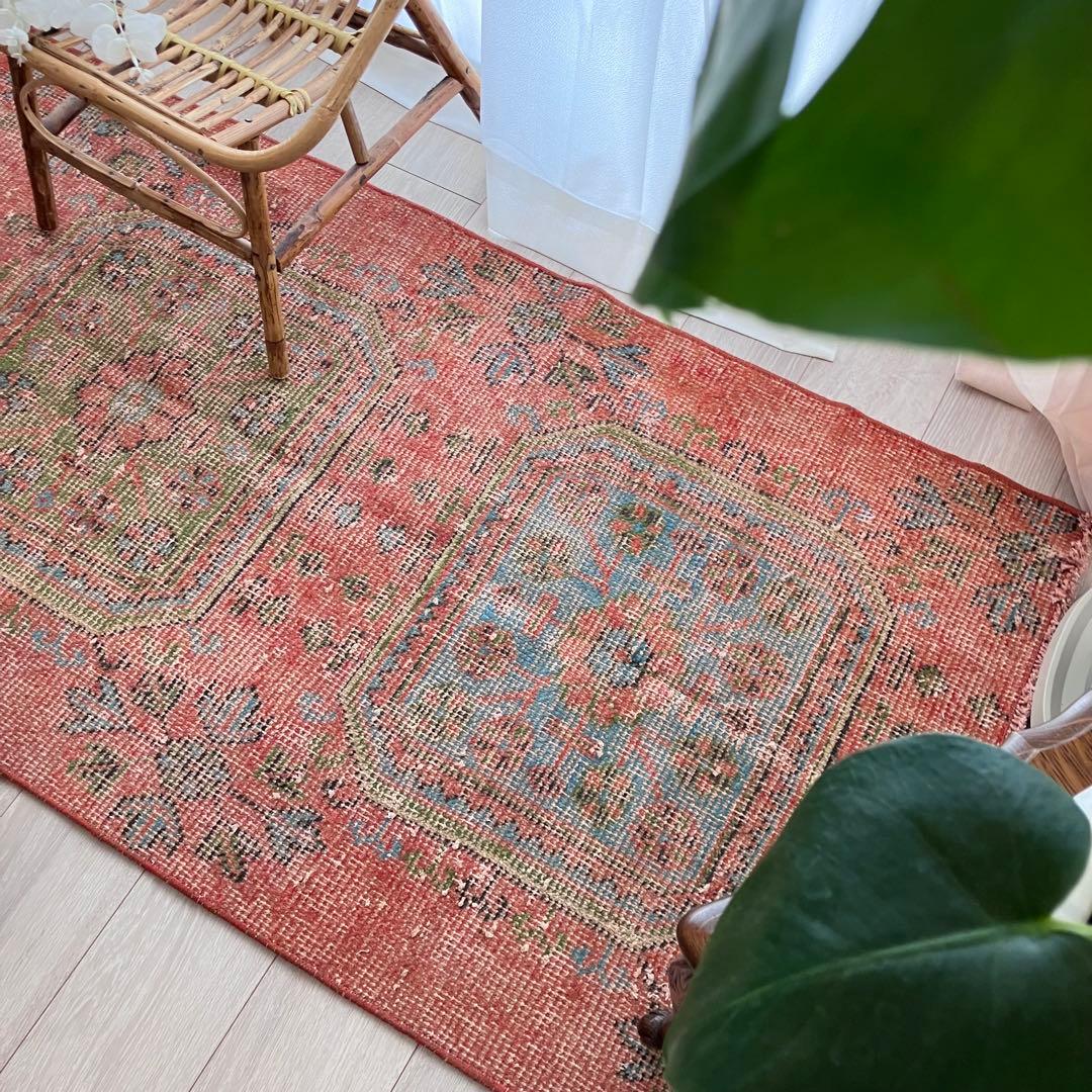 シャビーオレンジ78×190/ 3Box ブルーグリーン　トルコヴィンテージラグ