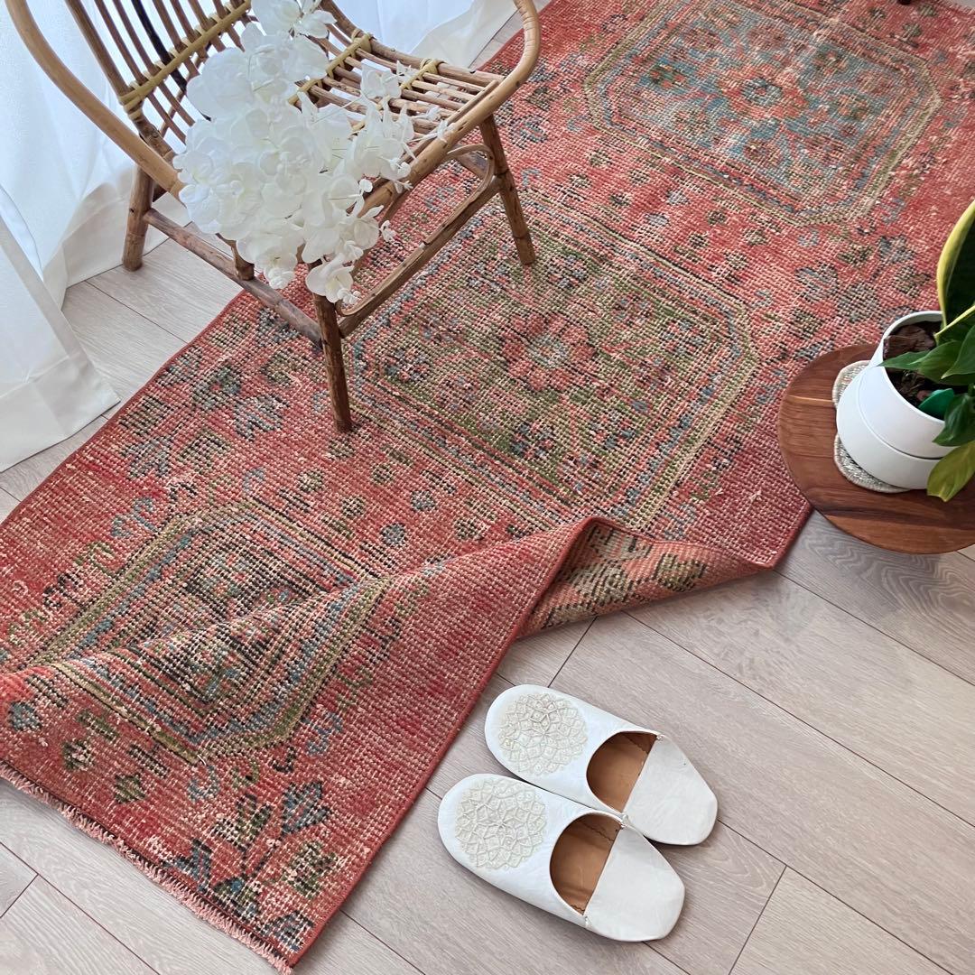 シャビーオレンジ78×190/ 3Box ブルーグリーン　トルコヴィンテージラグ