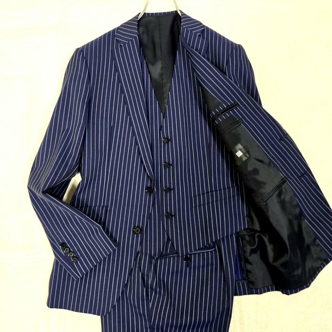 極美品 スーツセレクト 3ピース スーツセットアップ ストライプ ネイビー Y6
