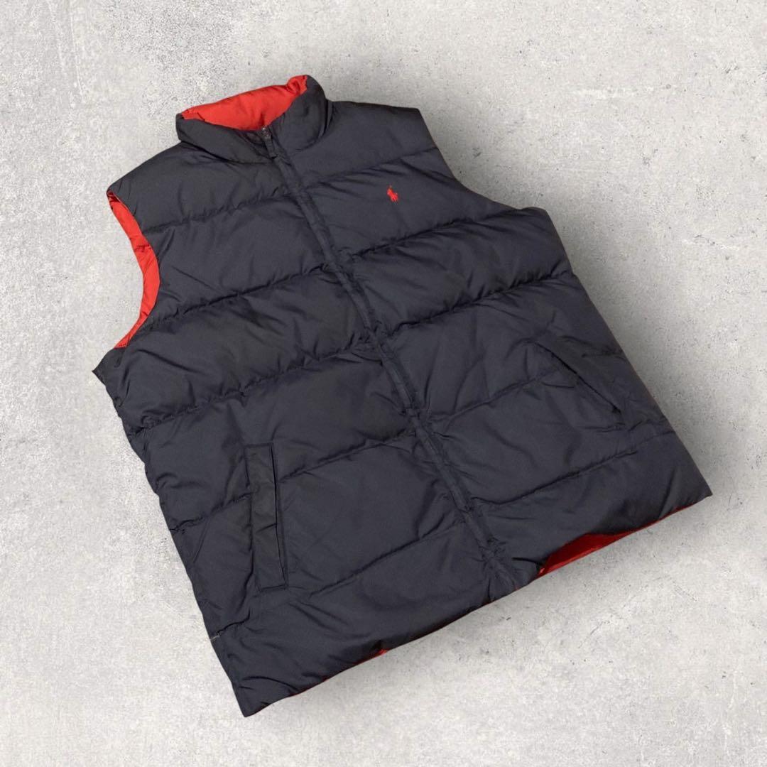 【ポロラルフローレン】ダウンベスト　リバーシブル　ネイビー　刺繍ロゴ　M相当　g