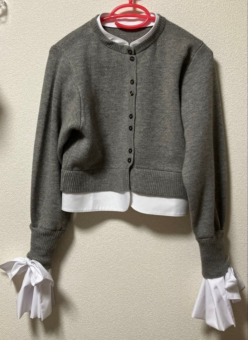 bibiyニットカーディガン リボン付き 長袖カーディガングレー