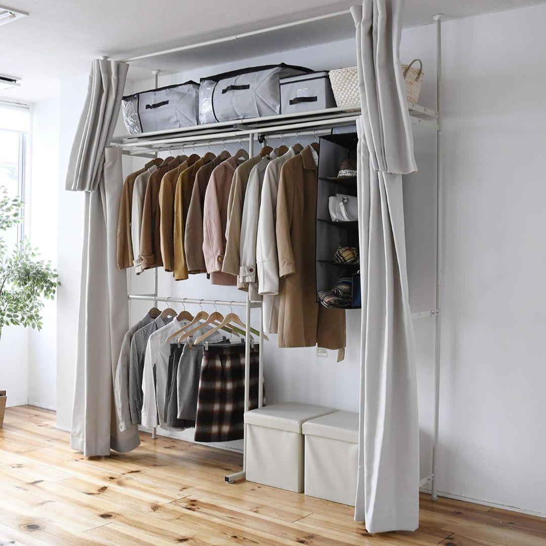 ツッパリクローゼットハンガーラック(ワイド)　カーテン付！CL-210W　ラック