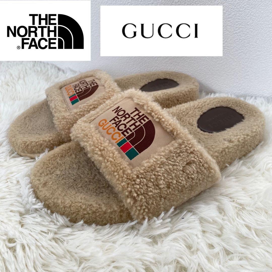 GUCCI ノースフェイス ボア サンダル サイズ9 ロゴ刺繍 レザー 希少