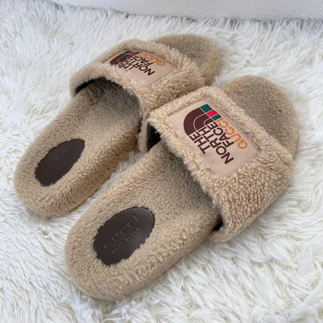 GUCCI ノースフェイス ボア サンダル サイズ9 ロゴ刺繍 レザー 希少