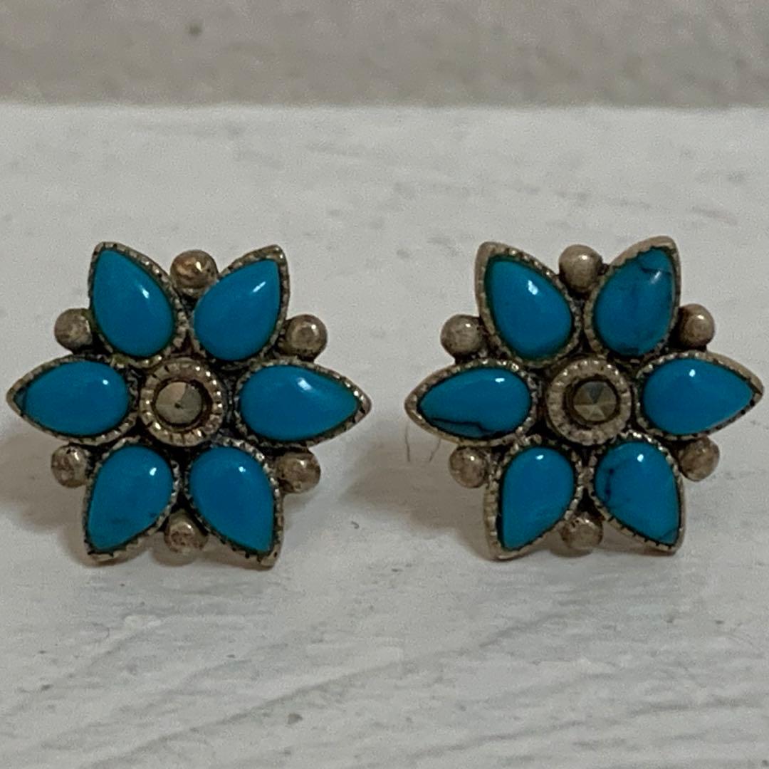 VINTAGE SILVER 925刻印 ターコイズ マーカサイト装飾 ピアス