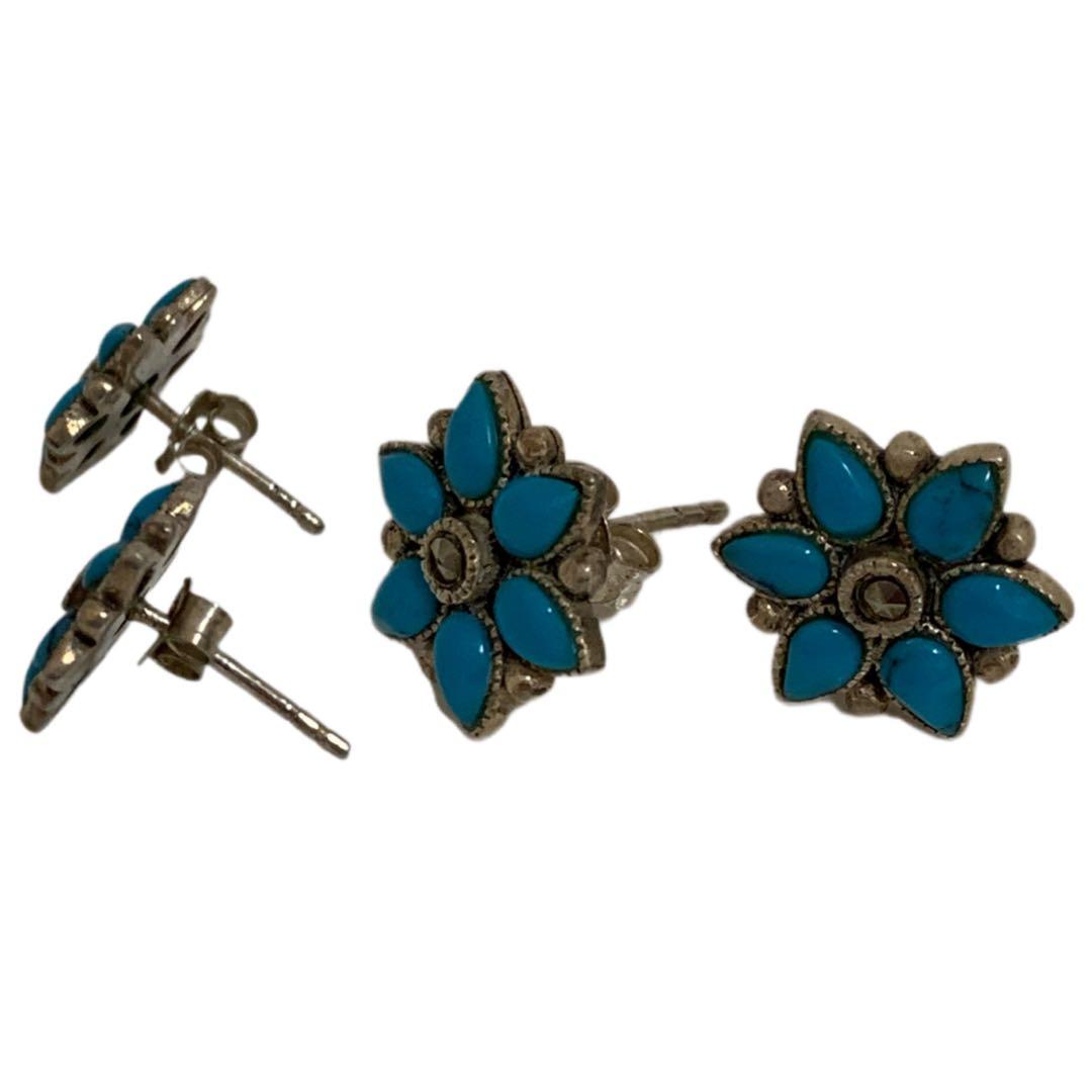 VINTAGE SILVER 925刻印 ターコイズ マーカサイト装飾 ピアス