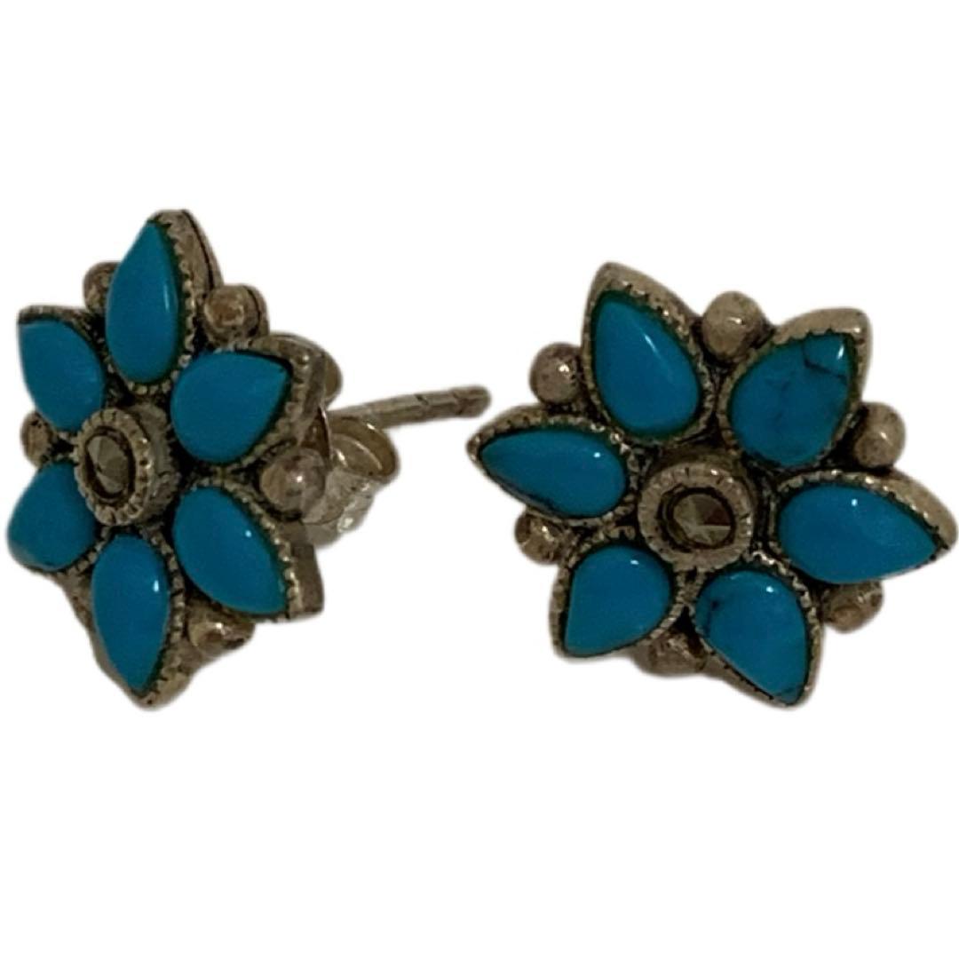 VINTAGE SILVER 925刻印 ターコイズ マーカサイト装飾 ピアス