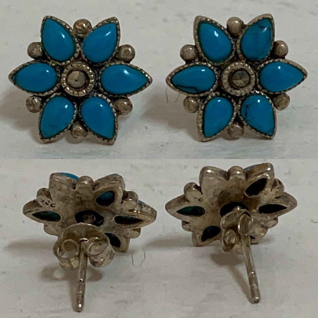 VINTAGE SILVER 925刻印 ターコイズ マーカサイト装飾 ピアス