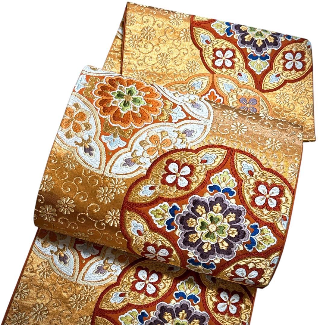 AA1袋帯 六通唐織華文柄 河合美術織物 金糸　八宝花 正絹 着物