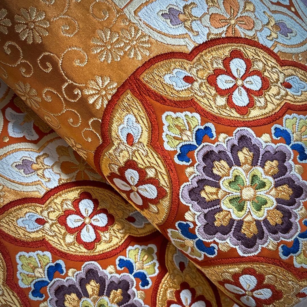 AA1袋帯 六通唐織華文柄 河合美術織物 金糸　八宝花 正絹 着物