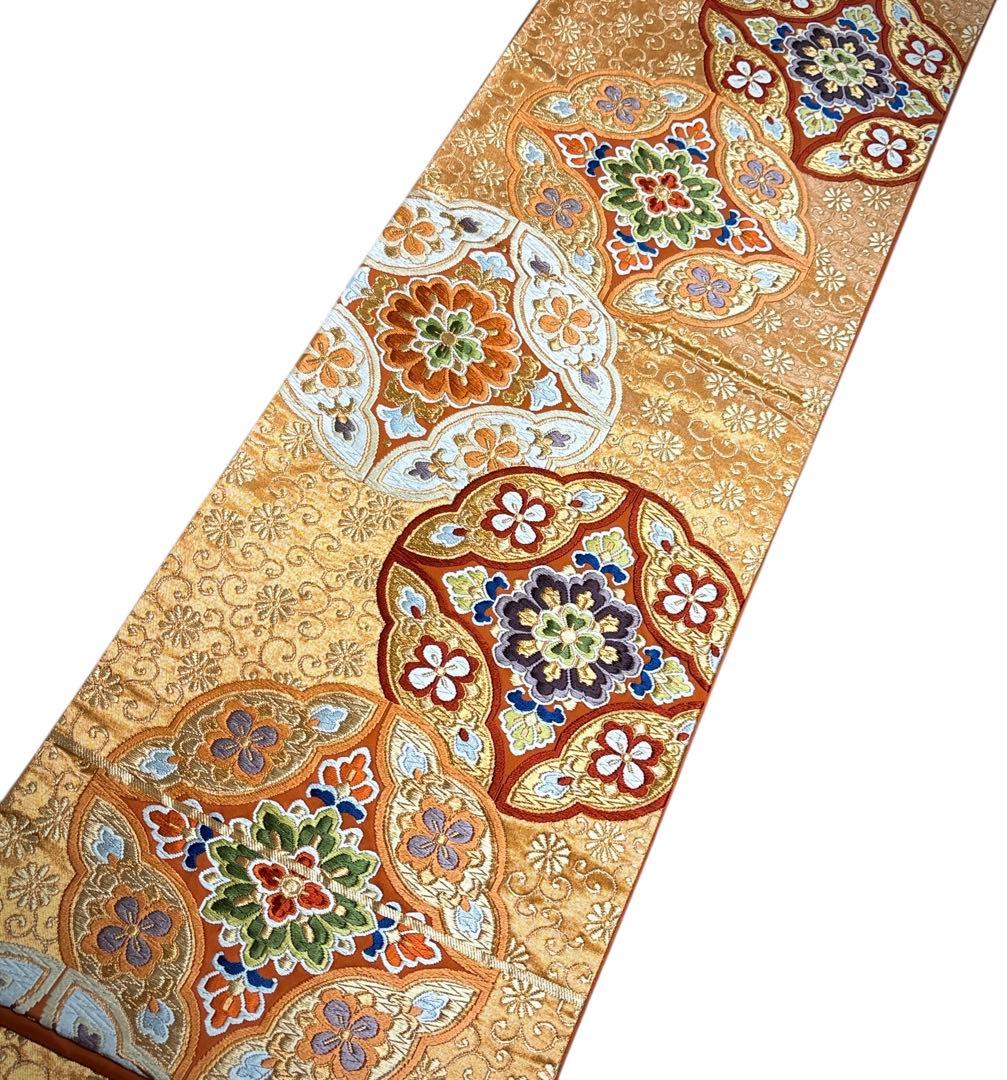 AA1袋帯 六通唐織華文柄 河合美術織物 金糸　八宝花 正絹 着物