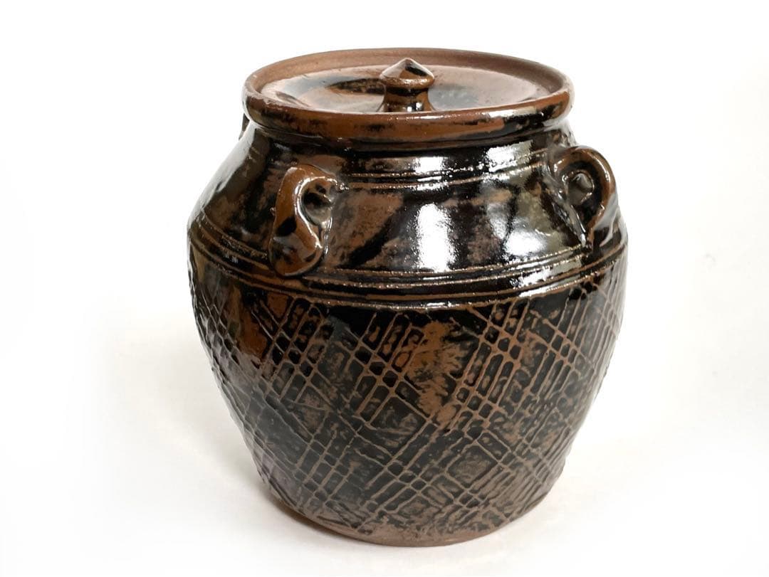 陶芸家　人間国宝　濱田庄司　浜田庄司　？　鉄釉　文打　水指　茶道具　箱なし