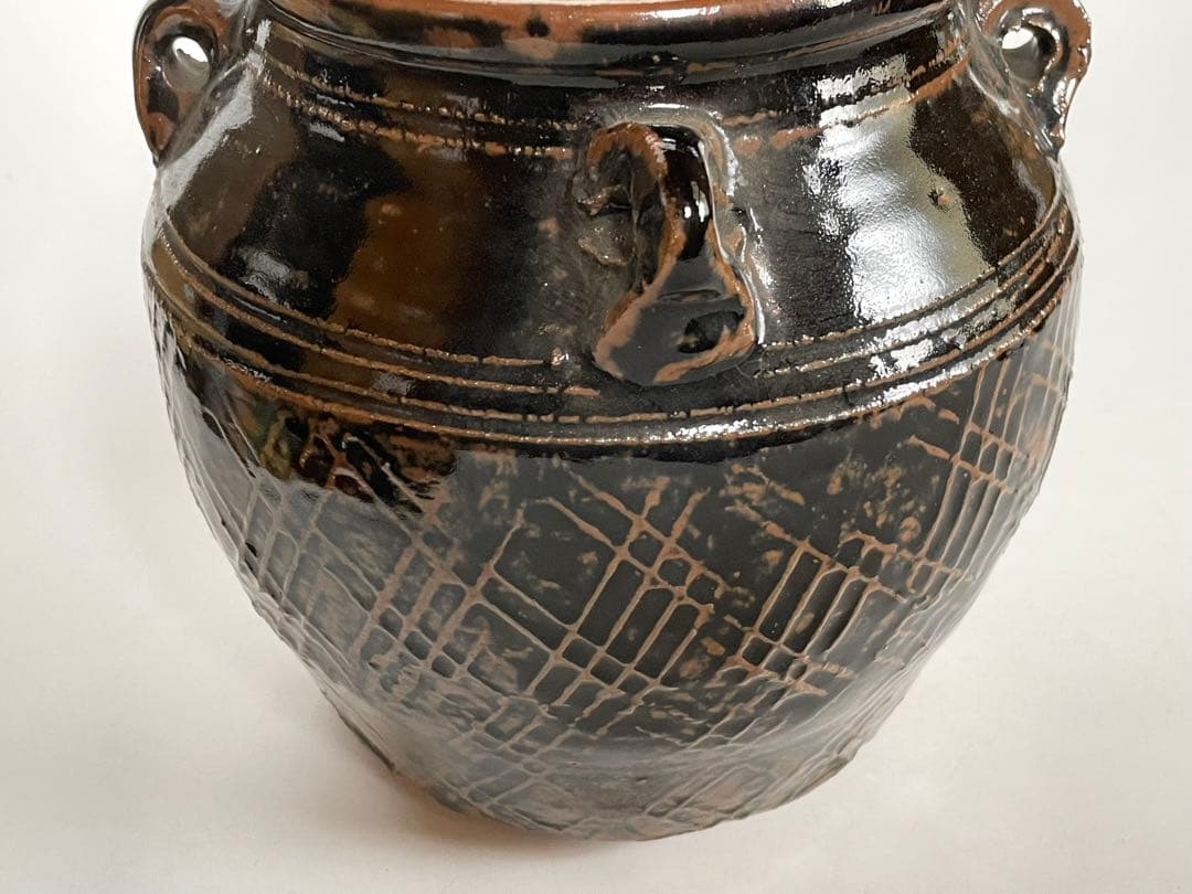 陶芸家　人間国宝　濱田庄司　浜田庄司　？　鉄釉　文打　水指　茶道具　箱なし