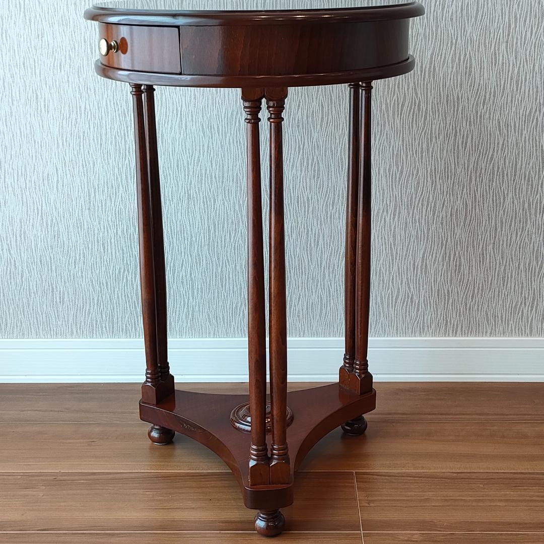 アンティーク　サイドテーブル　ラウンド　象嵌　引出し付き