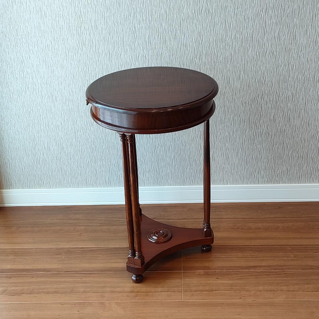 アンティーク　サイドテーブル　ラウンド　象嵌　引出し付き