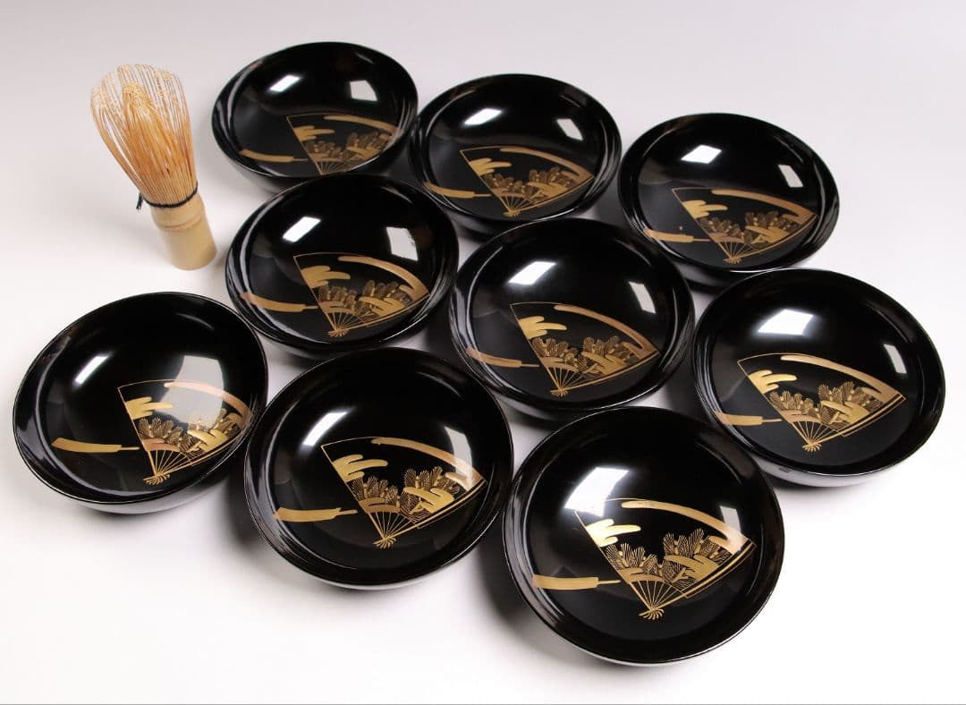 CG54 輪島塗 木製漆器 扇面金蒔絵 黒塗銘々木皿 九客 / 松取皿茶懐石道具