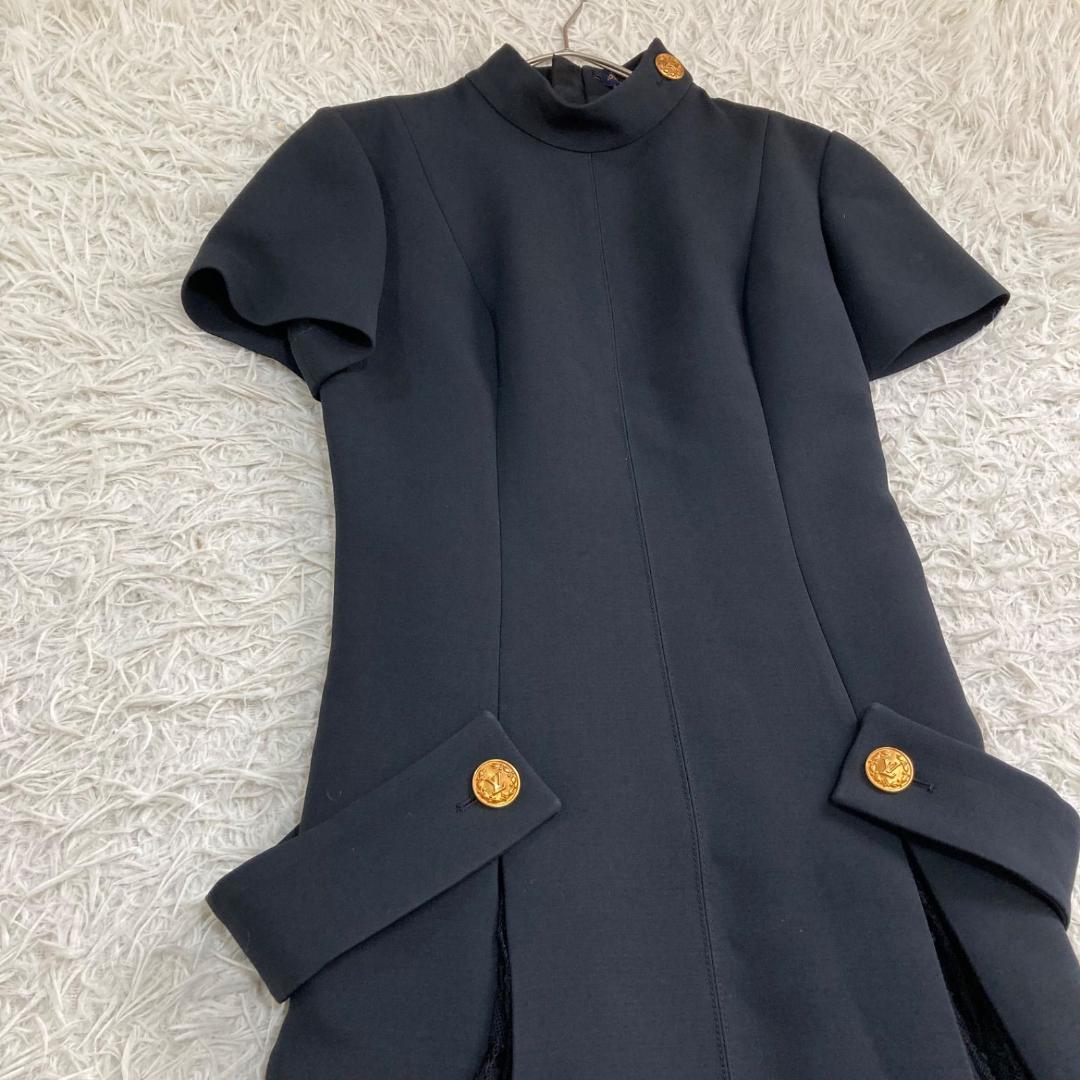 17442✨ルイヴィトン 金ボタン LVロゴ レース切替フレアワンピース ウール