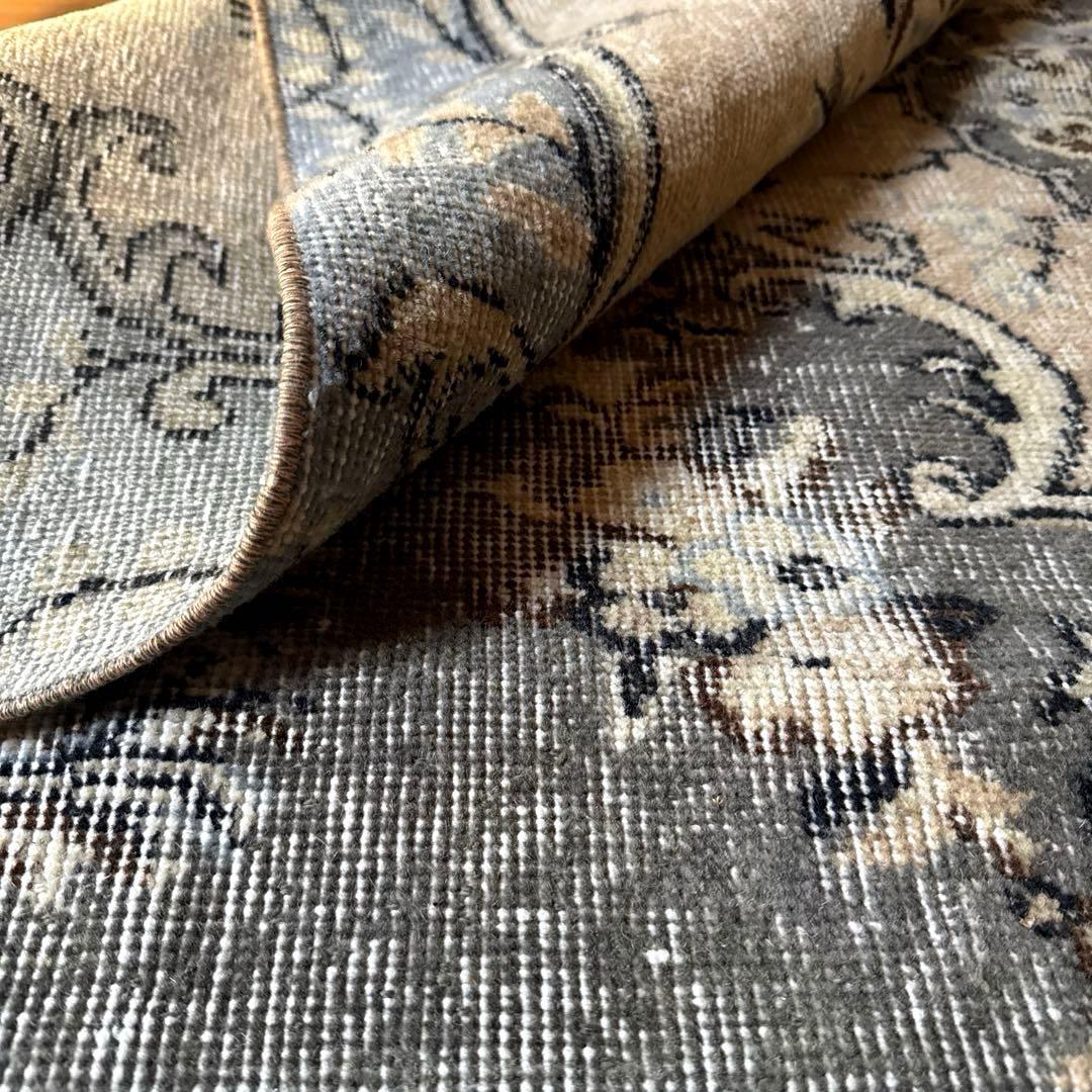 92×180-184グレイカーキ　ボタニカル柄　トルコヴィンテージラグ