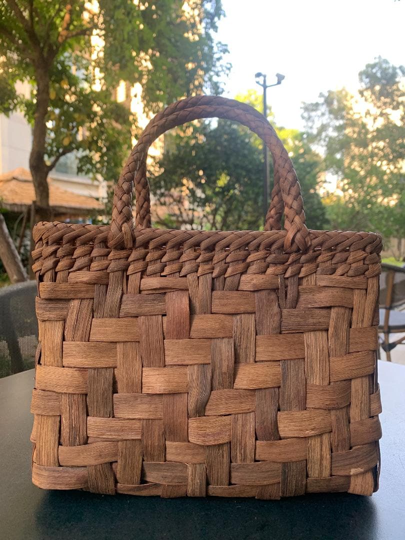 山葡萄かごバッグ 手作り 網代編み 手提げ 籠バック 内布付き