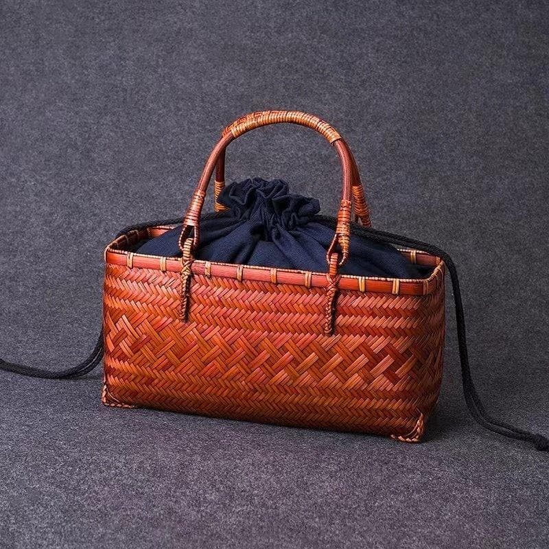 籐製ブラウンかごバッグ ネイビー内袋付き 収納バッグ 手作り
