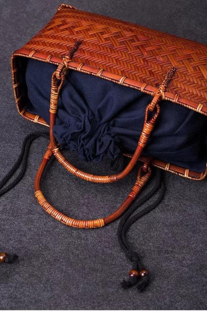 籐製ブラウンかごバッグ ネイビー内袋付き 収納バッグ 手作り
