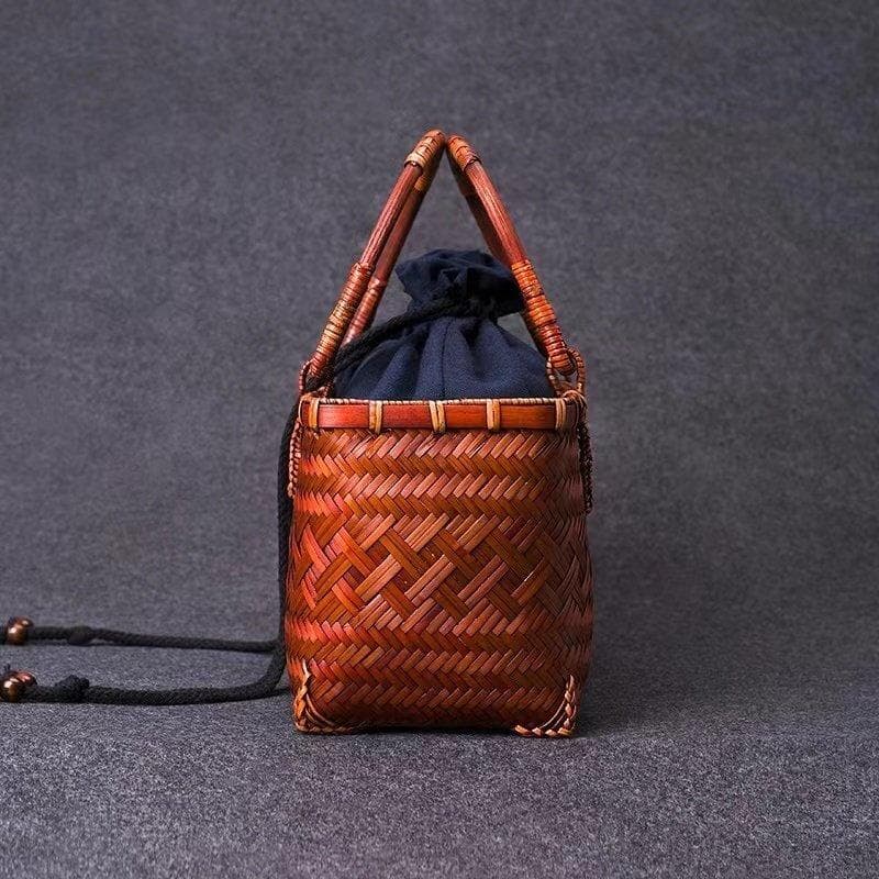 籐製ブラウンかごバッグ ネイビー内袋付き 収納バッグ 手作り