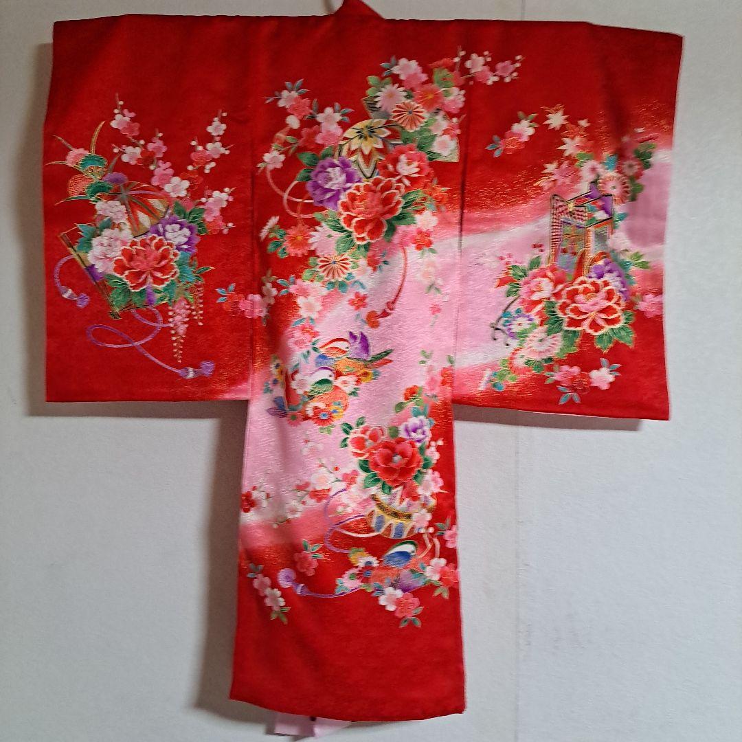 【美品】お宮参り　掛け着　正絹　祝着　産着　女の子　御所車　手まり　百花繚乱