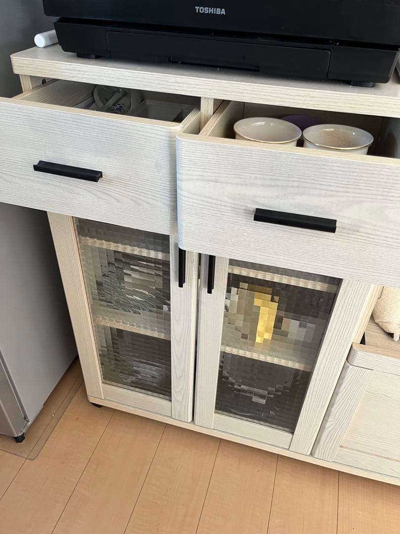 ホワイト木製食器棚 中型 引き出し付き