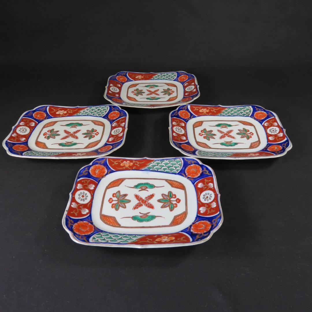 角皿 赤絵 色絵 金彩 松竹梅 4枚 唐草 明治前後