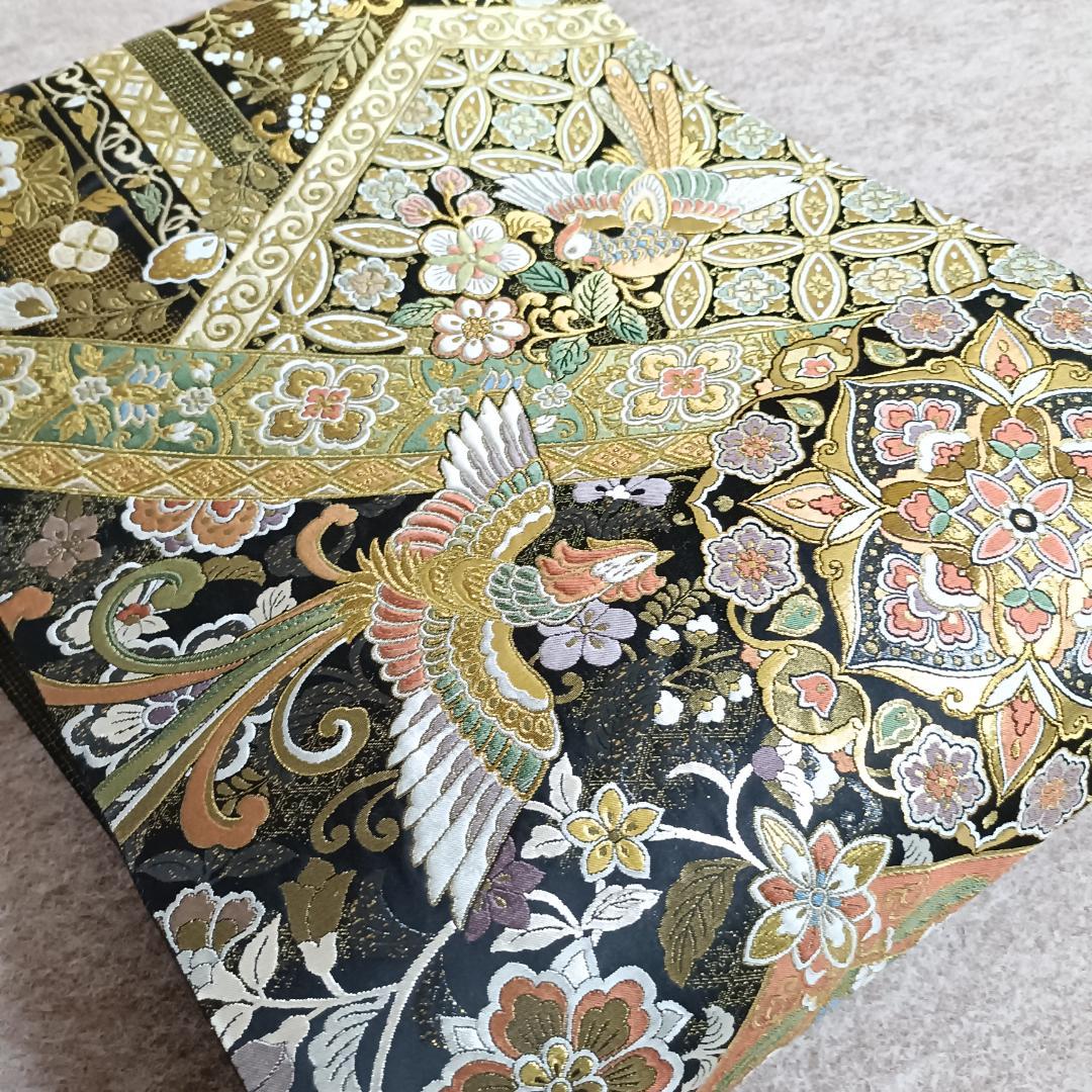 ◆1016◆全通柄　袋帯　本金箔超極細織錦　唐渡花鳥全通　西陣織　正絹　着物帯