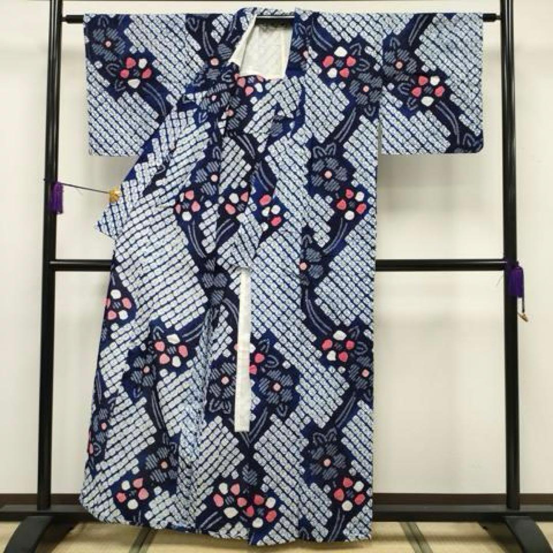 有松絞り　浴衣　夏着物　有松鳴海絞り　紺地　花　綿　トールサイズ　蜘蛛絞り