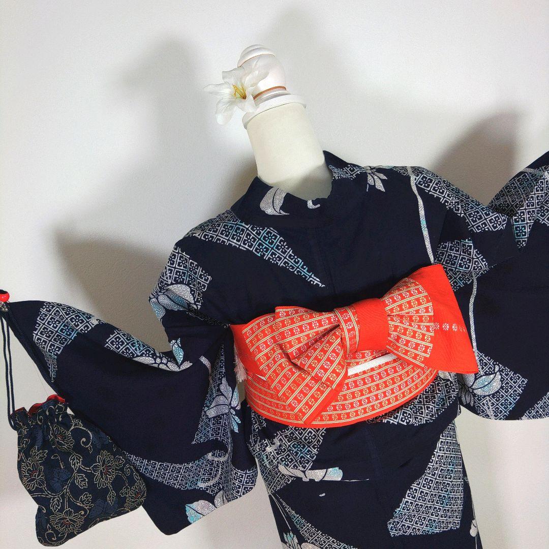 レトロ　レディース　浴衣セット　身丈154cm　ネイビー　花柄　半幅帯　オレンジ