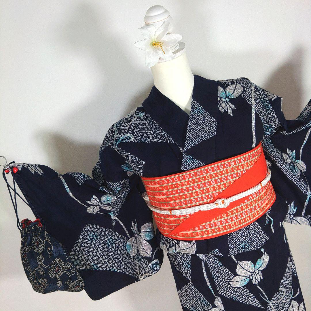 レトロ　レディース　浴衣セット　身丈154cm　ネイビー　花柄　半幅帯　オレンジ