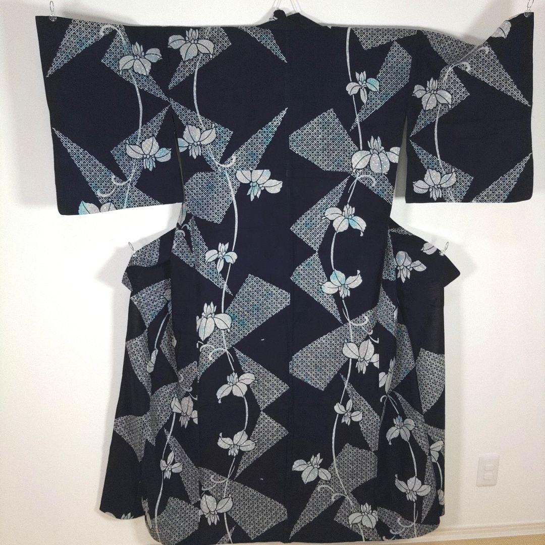 レトロ　レディース　浴衣セット　身丈154cm　ネイビー　花柄　半幅帯　オレンジ