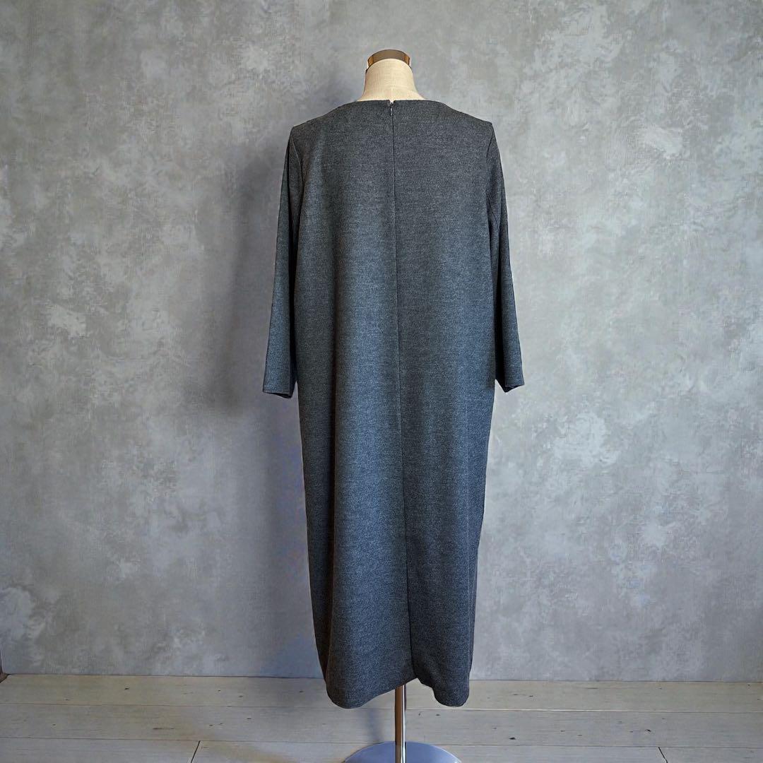 美品 23区 大きいサイズ ウール圧縮スムース サック ワンピース グレー 48