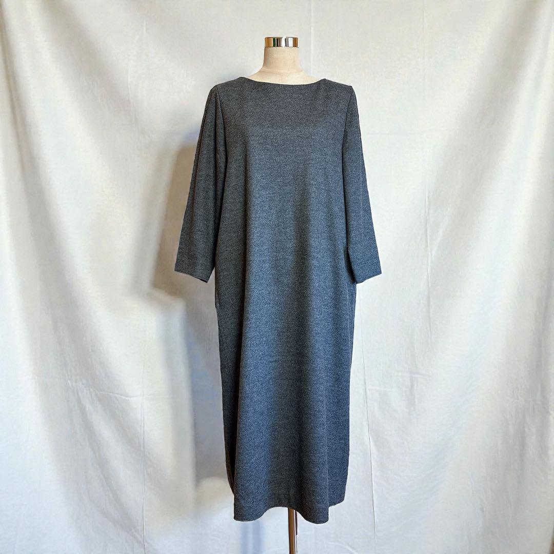 美品 23区 大きいサイズ ウール圧縮スムース サック ワンピース グレー 48