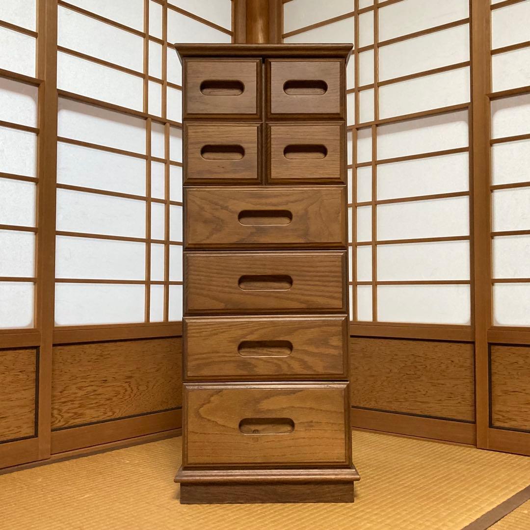 渡部木工 引き出し チェスト 箪笥 スリム 茶 木製 ナラ材 8杯 家具 レトロ