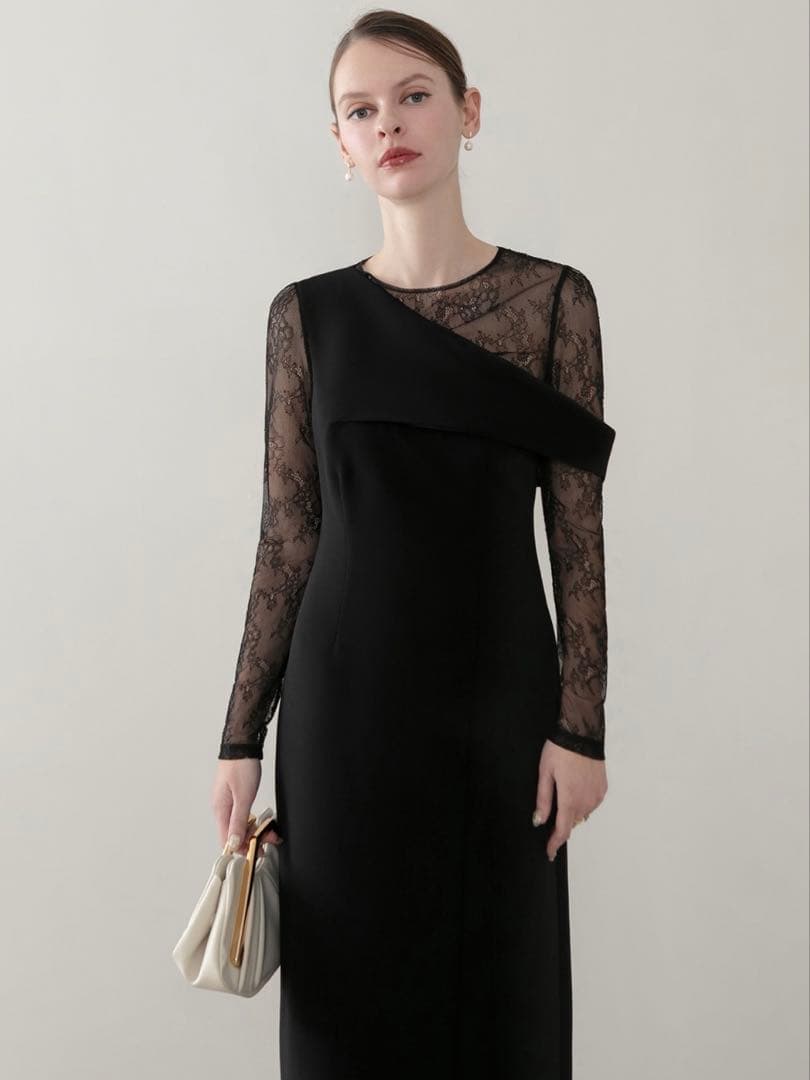 アシンメトリーレースレイヤードフロントスリットセットアップドレス結婚式二次会