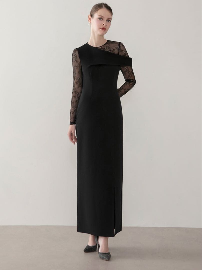 アシンメトリーレースレイヤードフロントスリットセットアップドレス結婚式二次会