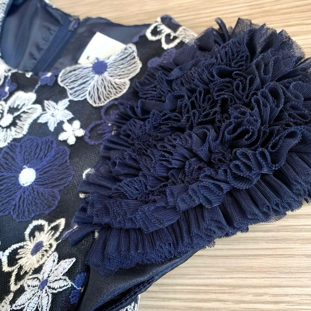 美品　組曲 KUMIKYOKU ネイビー 花柄刺繍 フリル袖 ドレス130