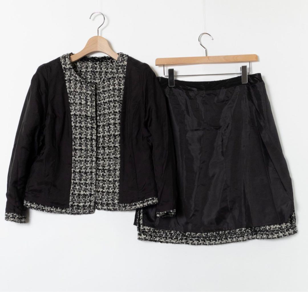 極美品【大きいサイズ42】自由区 ノーカラーツイードセットアップ スカートスーツ