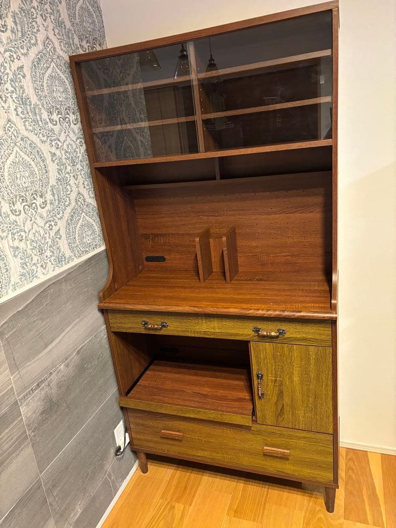 木製食器棚 ブラウン 3段棚付き