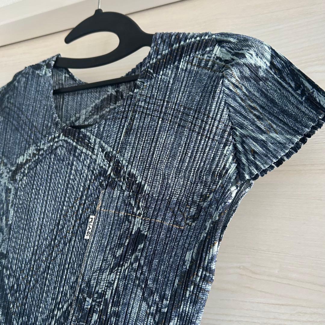 プリーツプリーズ　デニム　プリント　ブルー系　極美品　サイズ3